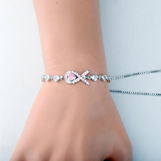 Breast Cancer Awareness-Pink Ribbon Heart Adjustable Bracelet