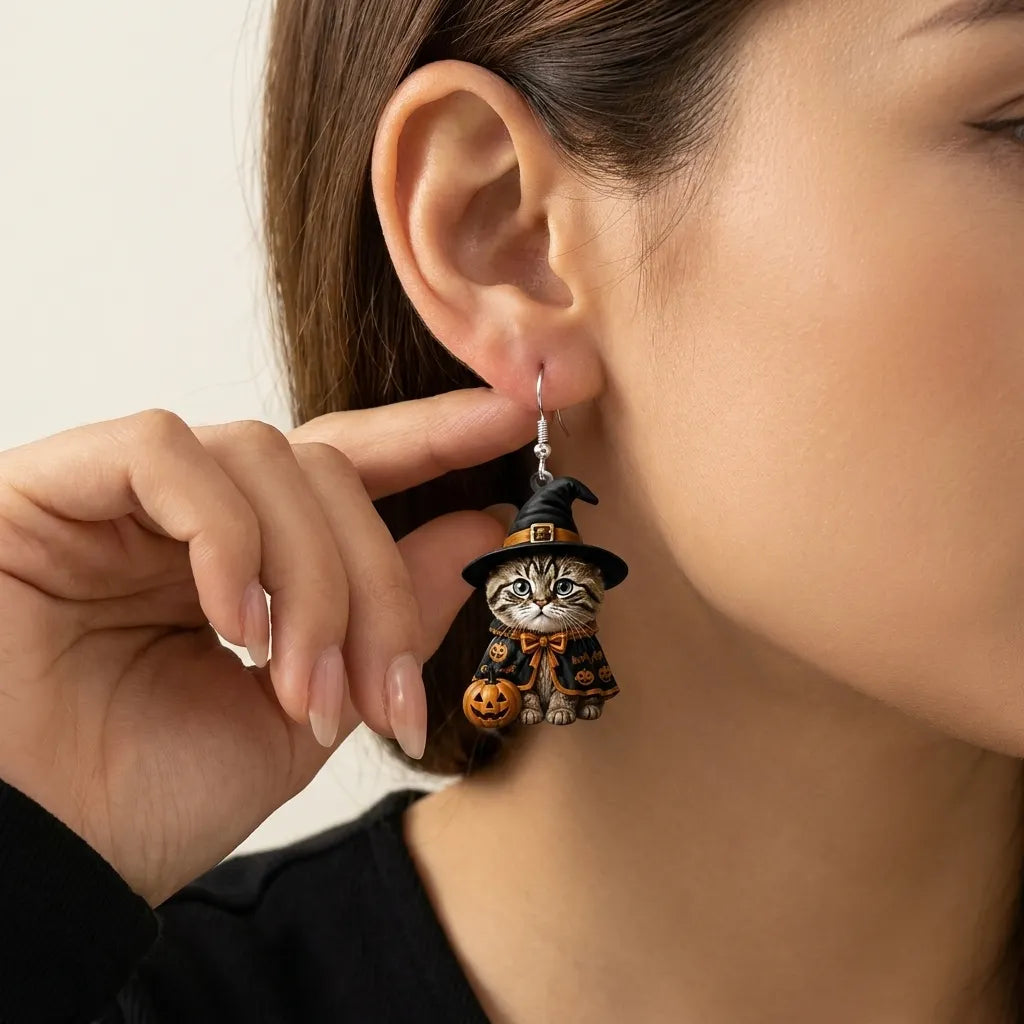 Tabby Kitten Witch Cloak Jack O Lantern Halloween Earrings