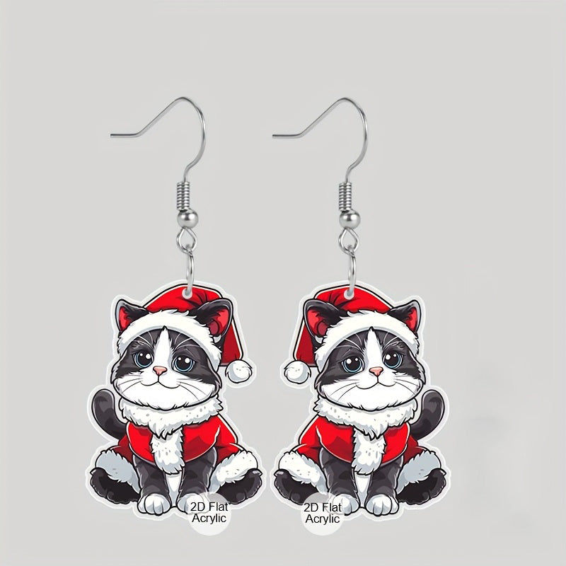 Christmas Cartoon Christmas Hat Black Cat Pattern Earrings