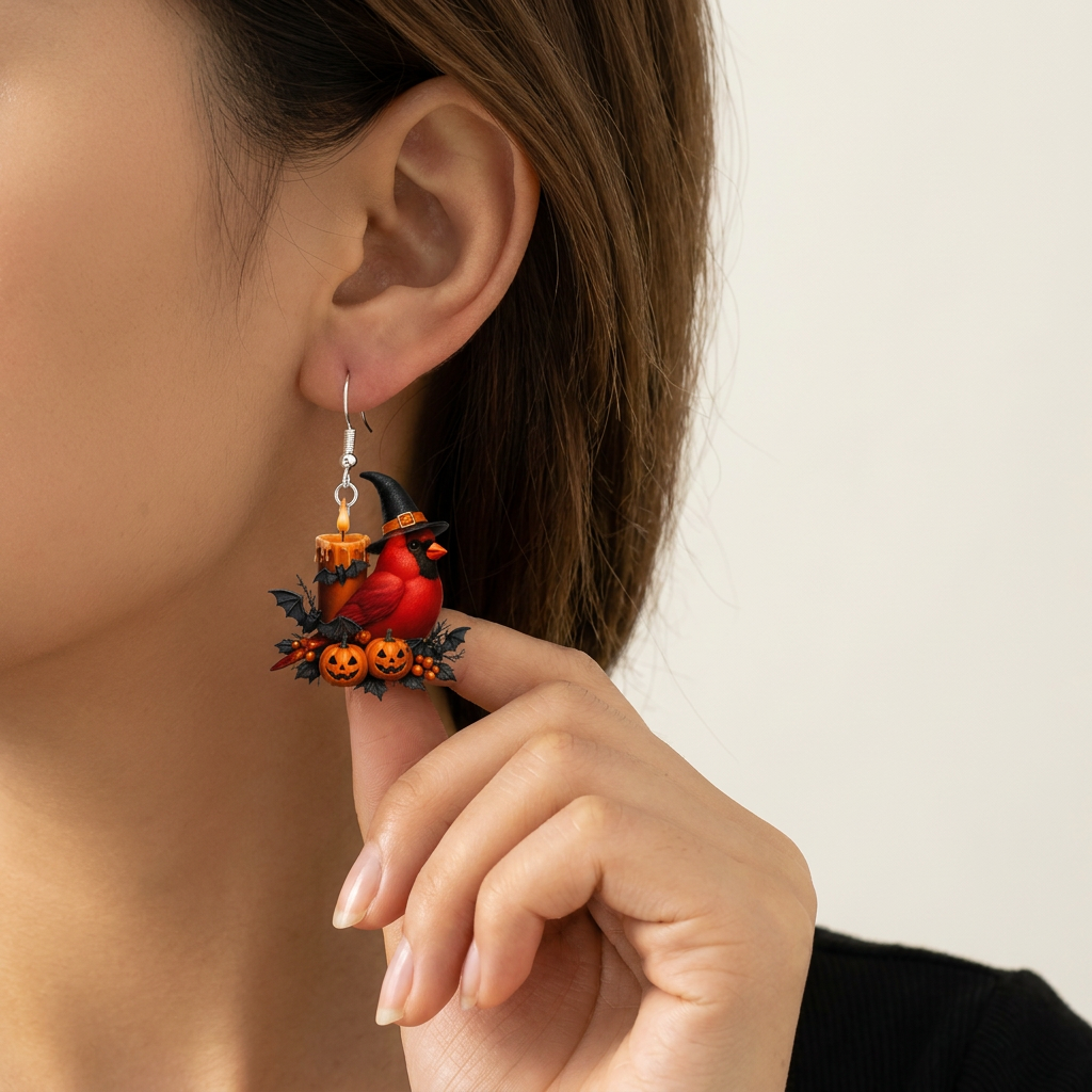Halloween Red Cardinal Bird Dangle Earrings