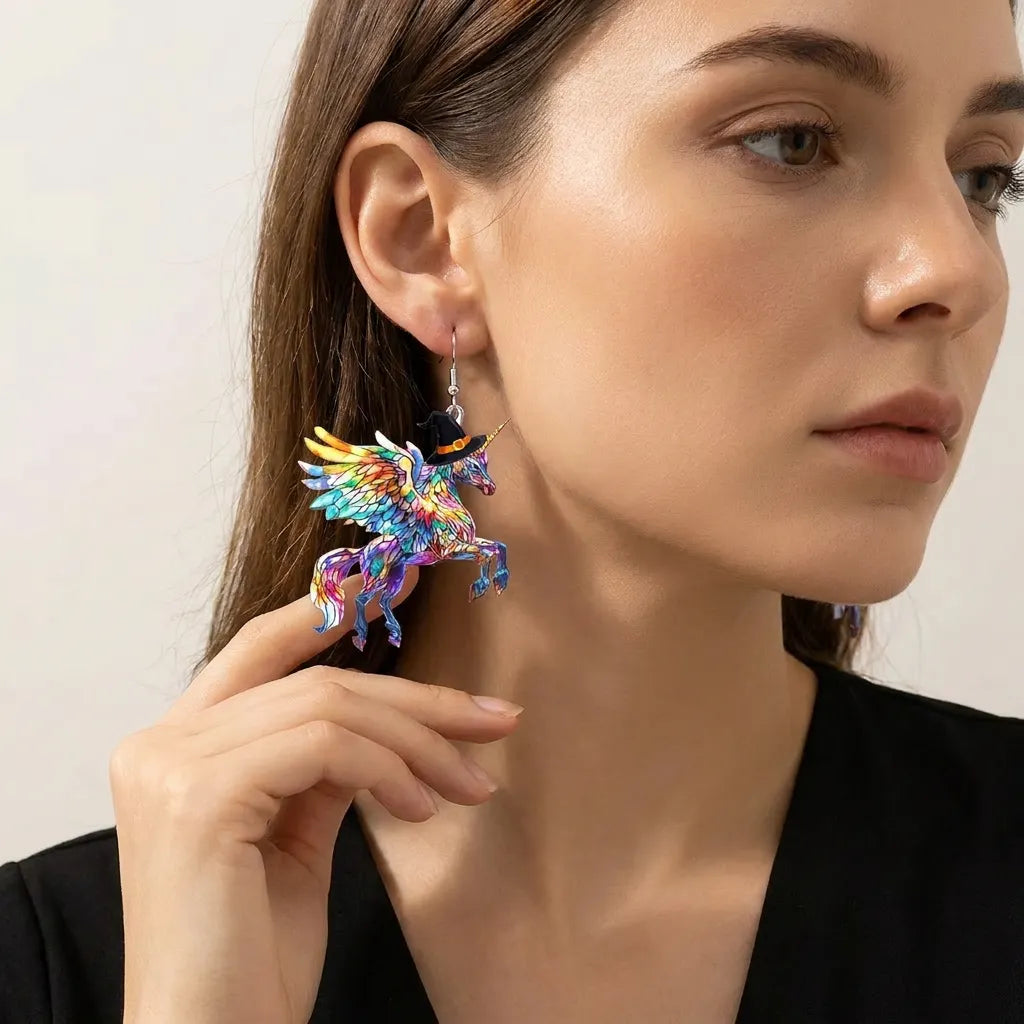 Rainbow Wing Witch Unicorn Halloween Dangle Earrings