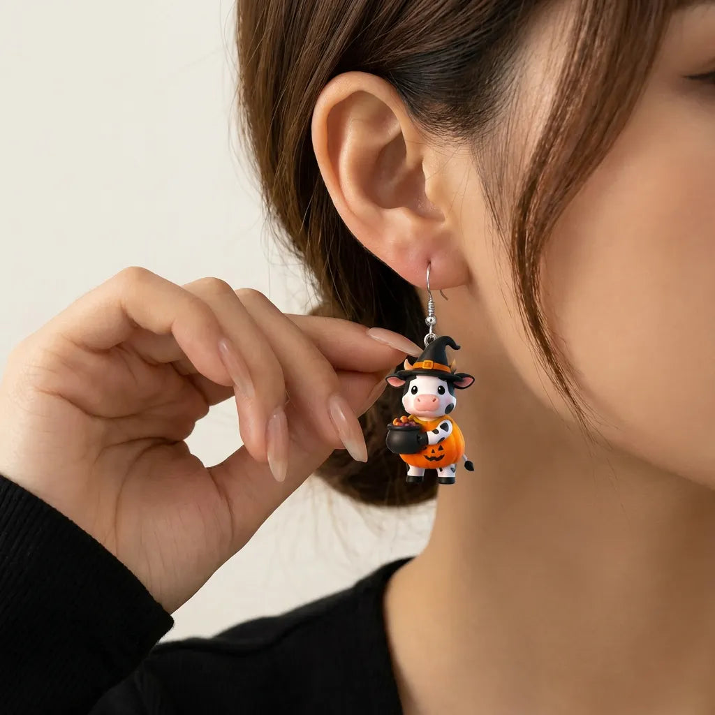 Cartoon Dairy Cow Pumpkin Outfit Witch Candy Pot Earrings