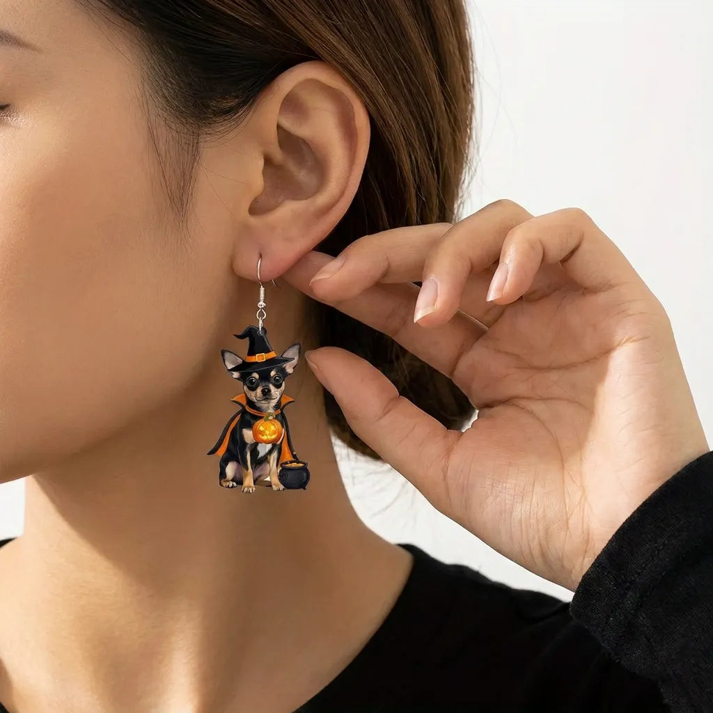 Chihuahua Witch Cape Jack O Lantern Magic Cauldron Halloween Earrings
