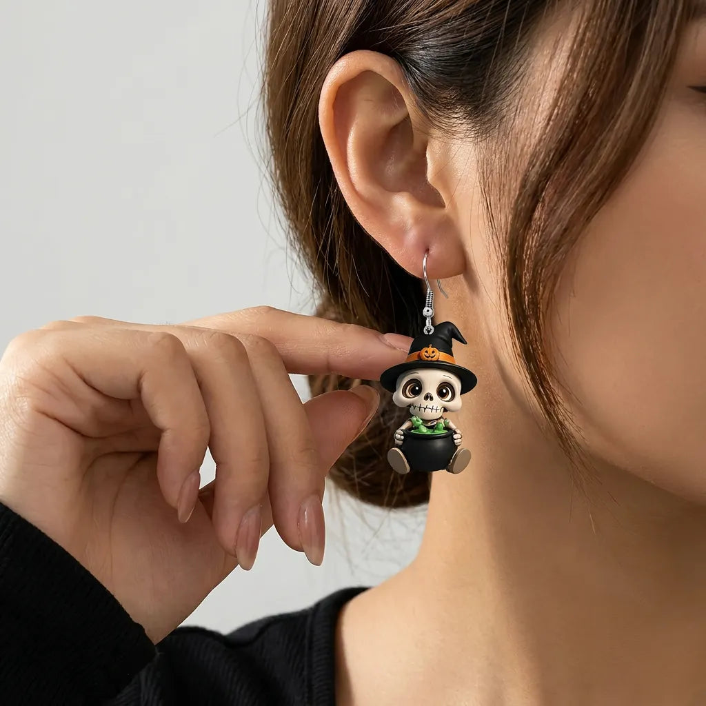 Skeleton Witch Hat Holding Magic Cauldron Halloween Earrings