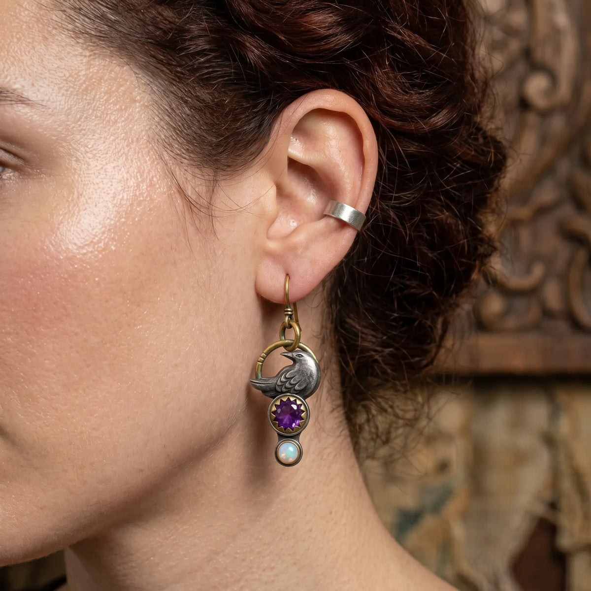 Vintage Raven Amethyst Opal Drop Earrings