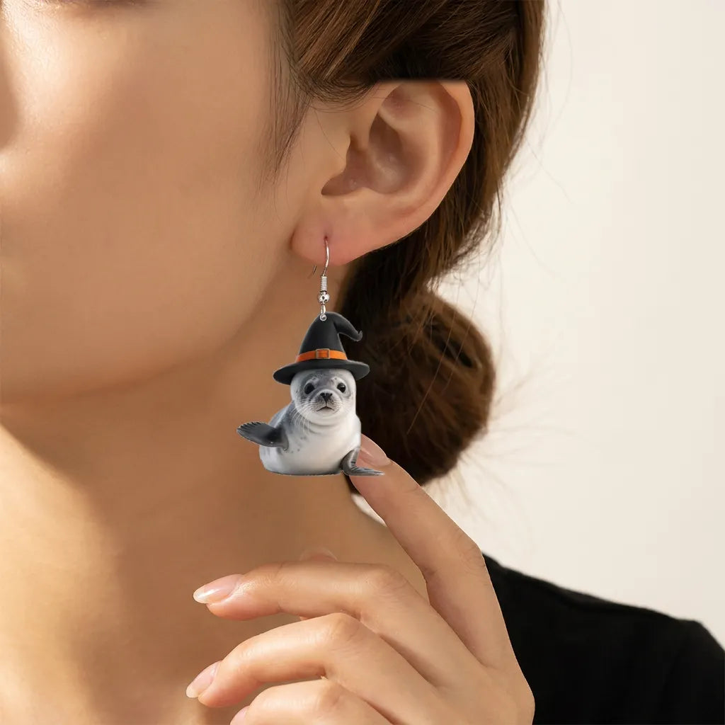 Cute Seal Pup Witch Hat Halloween Acrylic Earrings