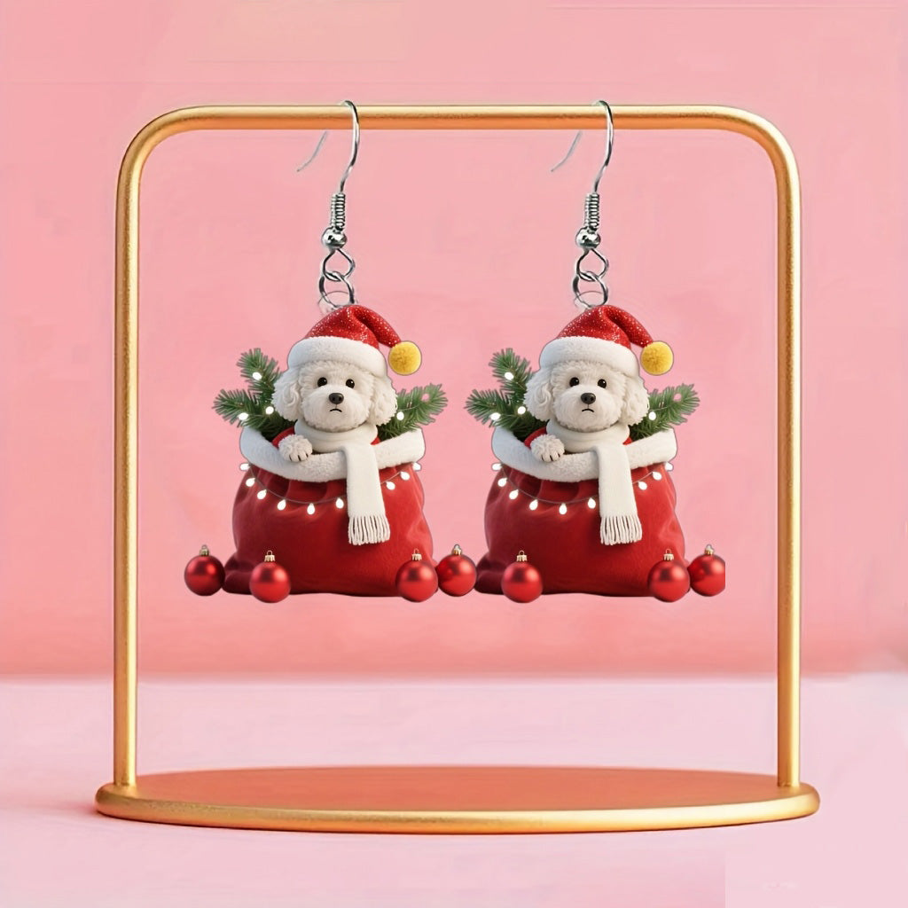 Christmas Cute Poodle in Santa Hat & Scarf Acrylic Earrings