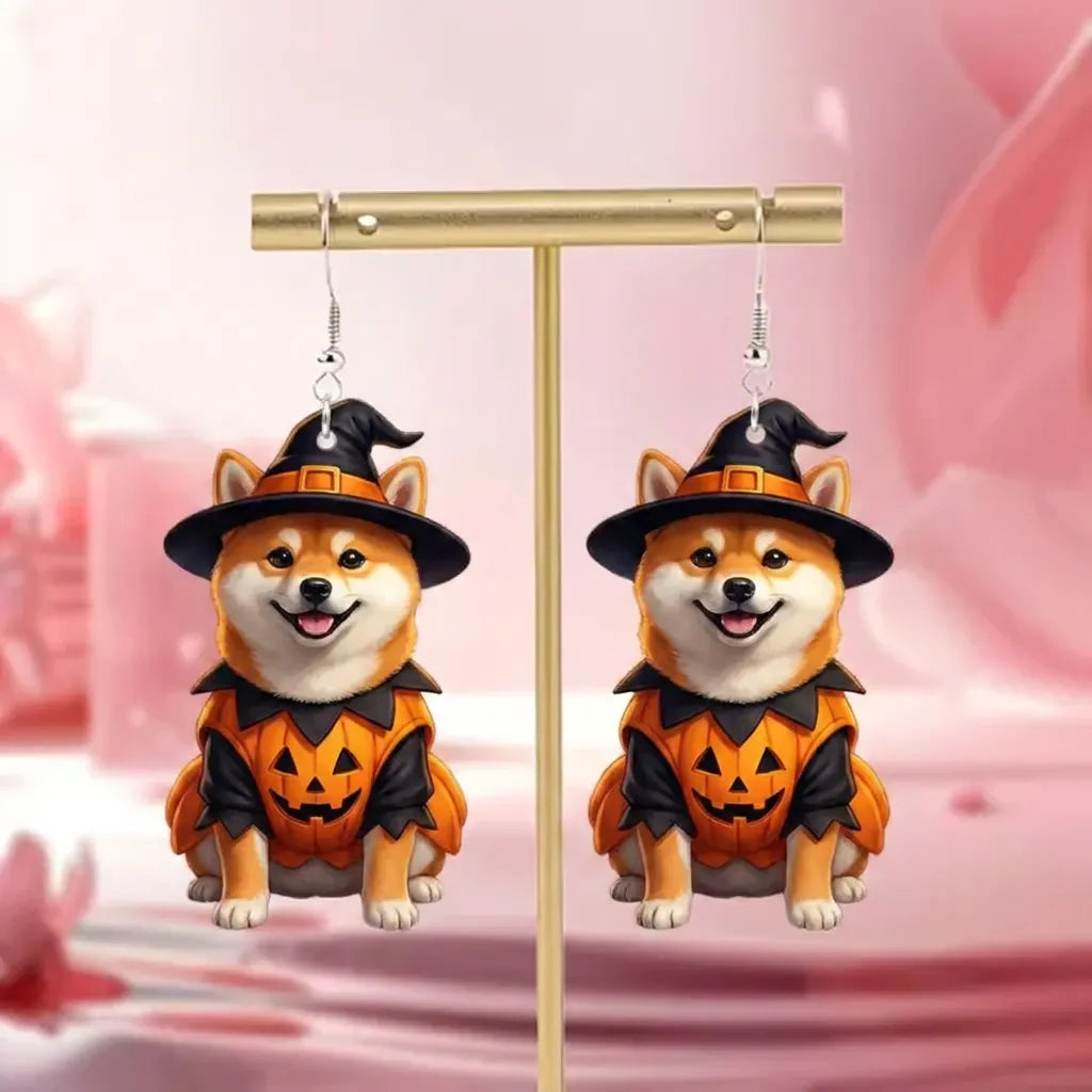 Halloween Witch Shiba Inu Pumpkin Outfit Acrylic Earrings