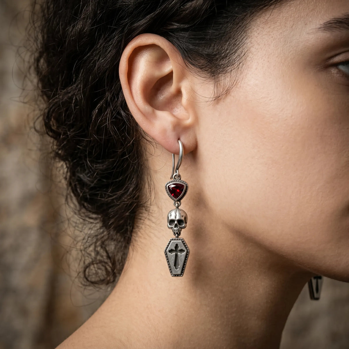 Vintage Red Crystal Skull Coffin Cross Drop Earrings