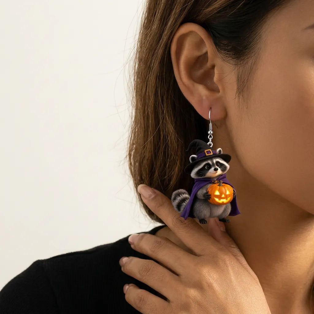 Witch Raccoon Holding Pumpkin Halloween Earrings