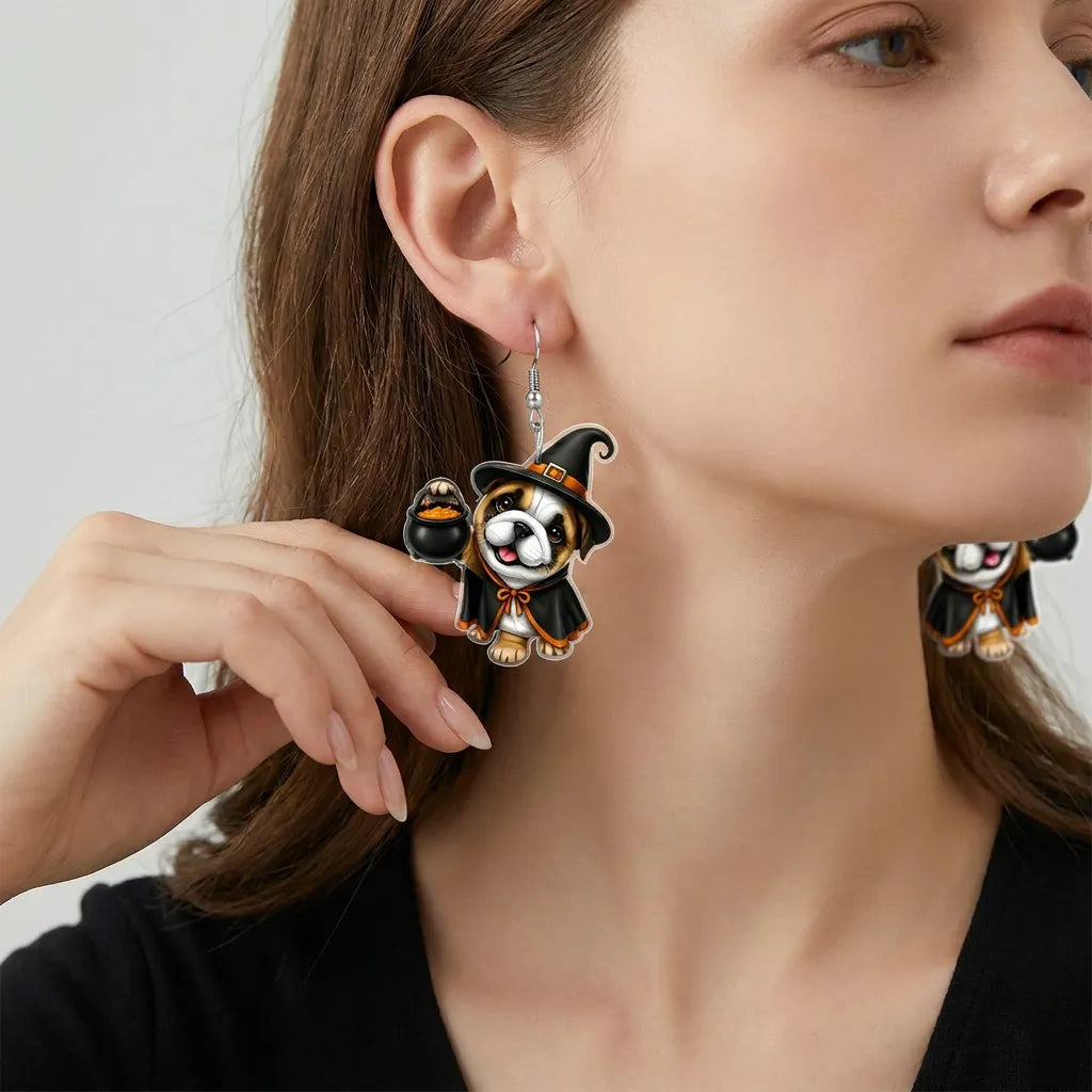 Bulldog Witch Cape Holding Cauldron Halloween Party Acrylic Earrings