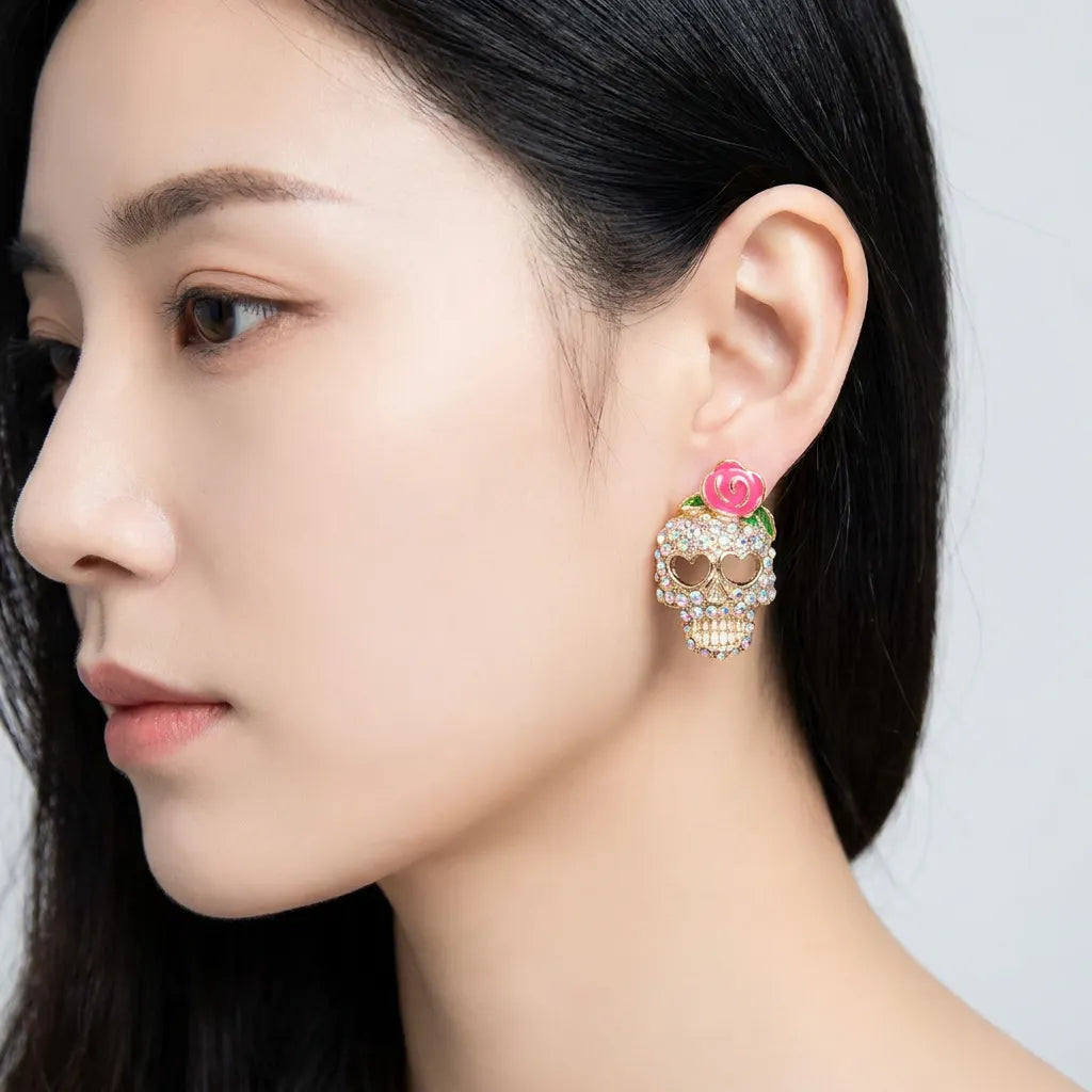 Vintage Rose Rhinestone Sugar Skull Stud Earrings
