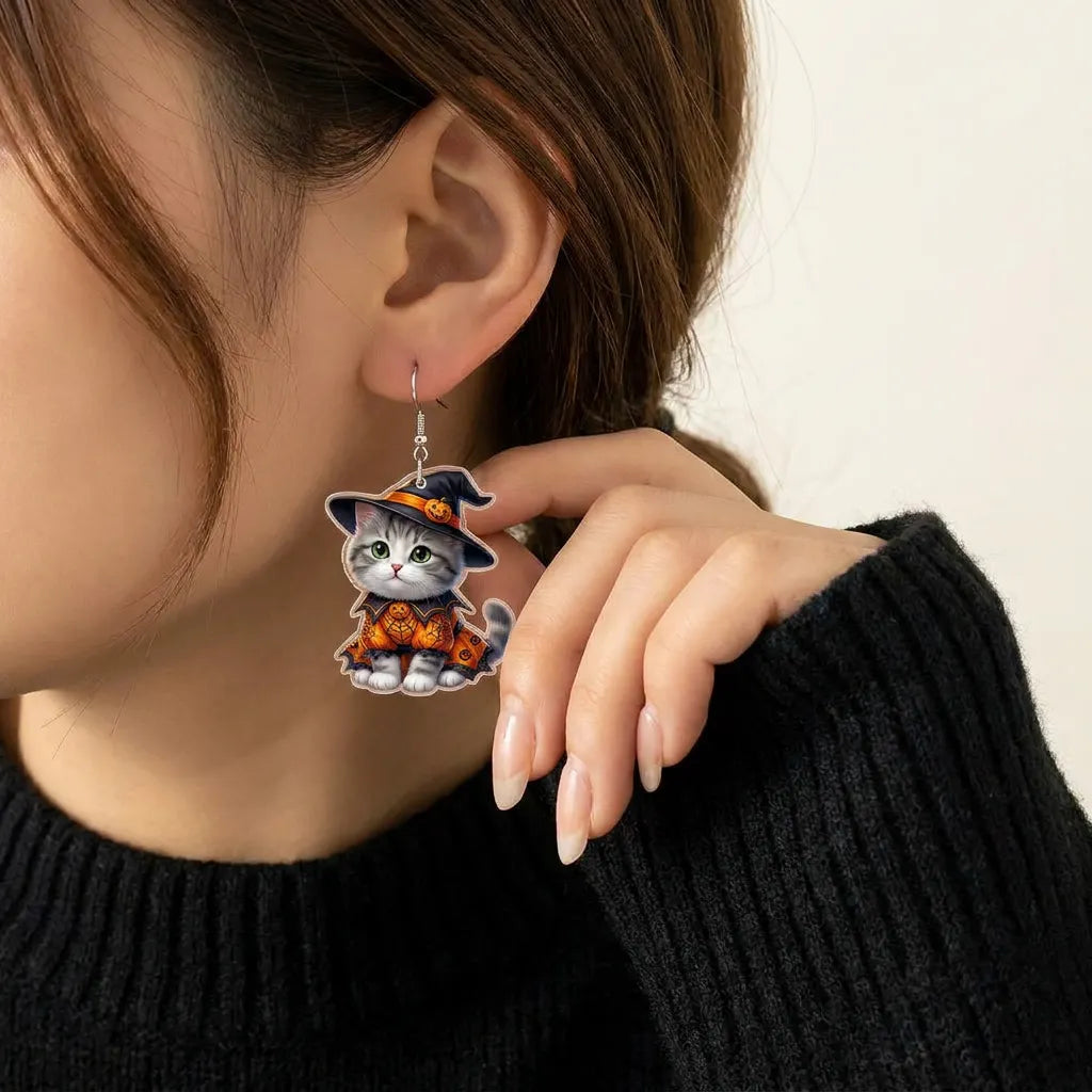 Grey Tabby Witch Cat Pumpkin Spider Web Dress Halloween Earrings