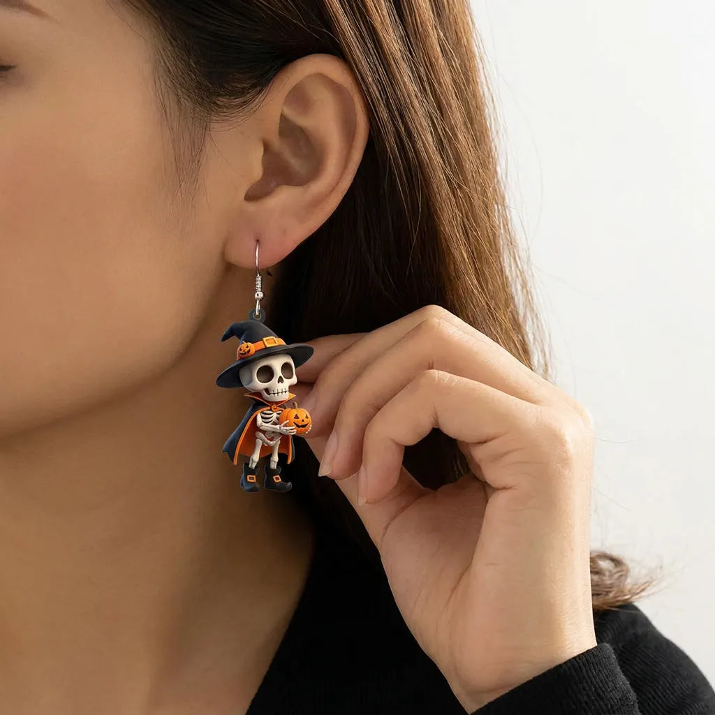 Cartoon Skeleton Witch Cape Holding Pumpkin Halloween Party Earrings
