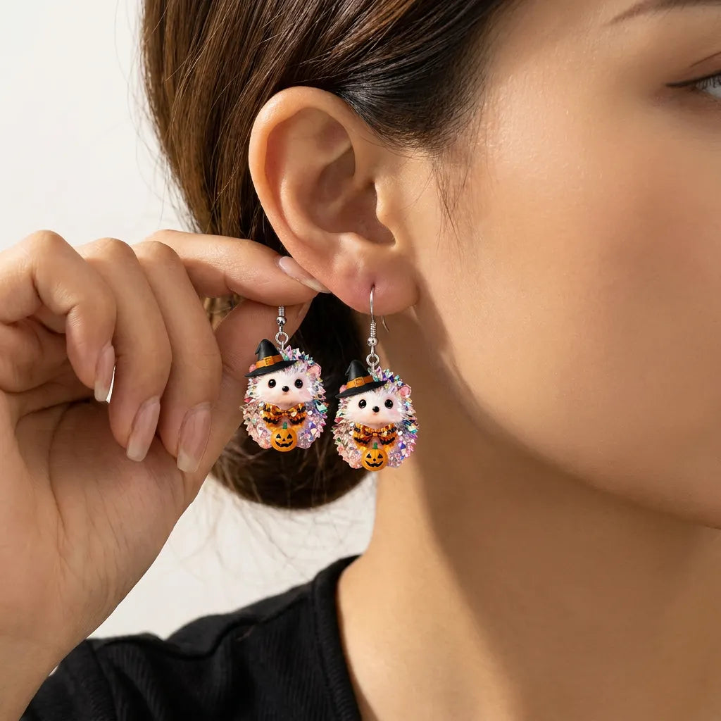 Hedgehog Witch Hat Pumpkin Bow Halloween Acrylic Earrings