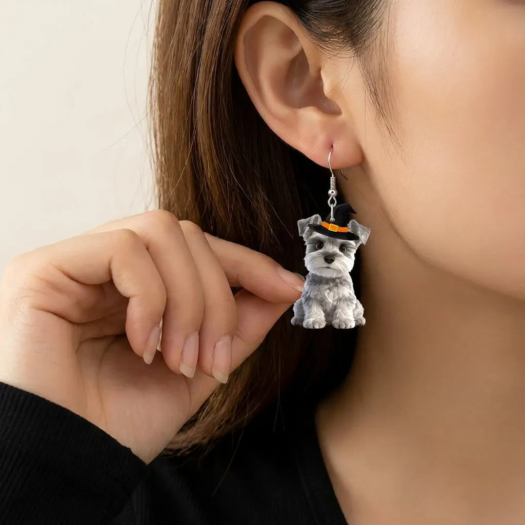 Mini Schnauzer Puppy Witch Hat Halloween Earrings