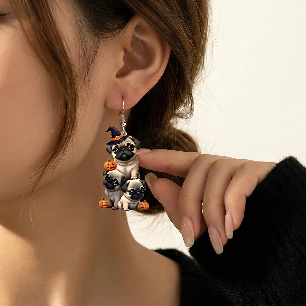 Stacked Pug Dogs With Pumpkin Witch Hat Halloween Acrylic Earrings