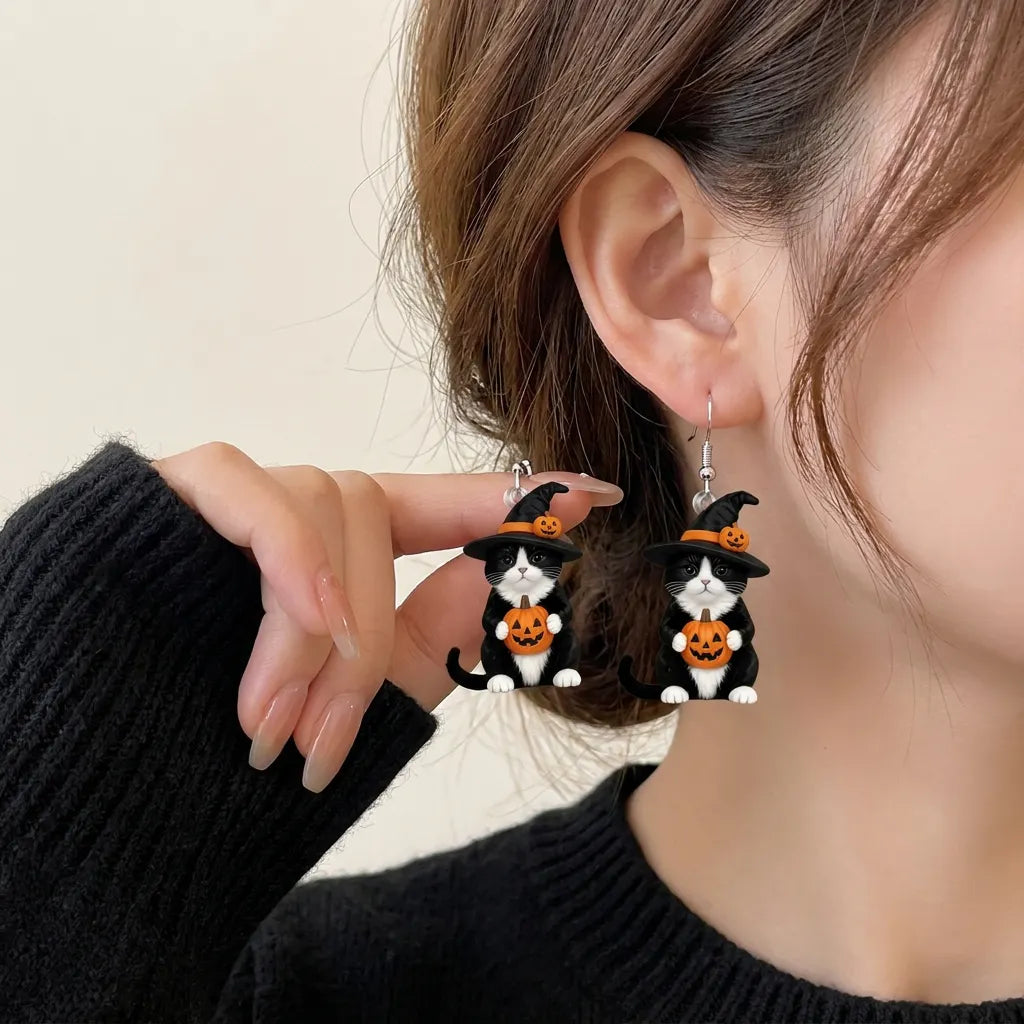 Tuxedo Cat Holding Pumpkin Witch Hat Halloween Earrings