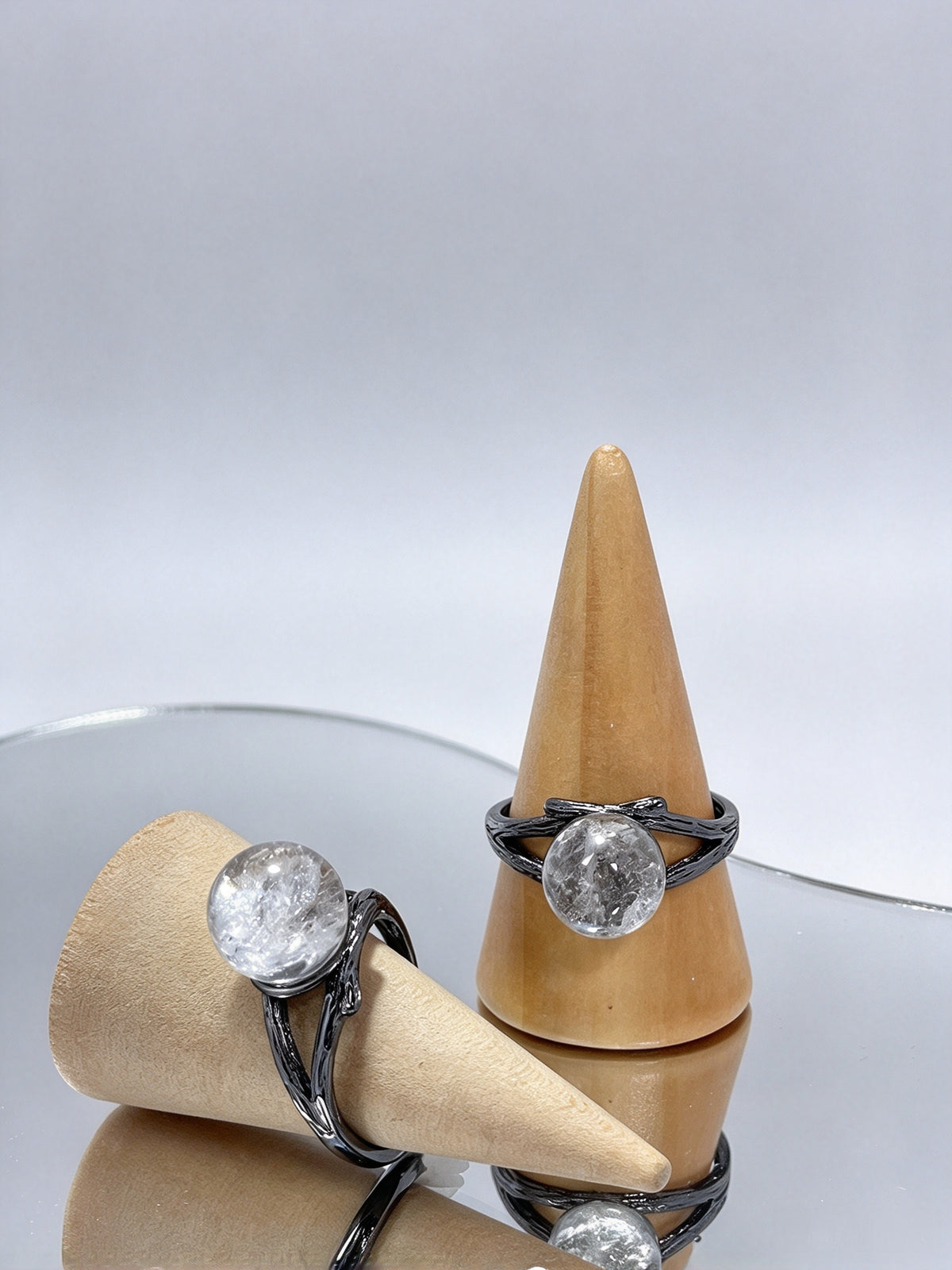 Natural Clear Quartz Open Adjustable Ring, Twig Textured Black Band Crystal Ring for Women