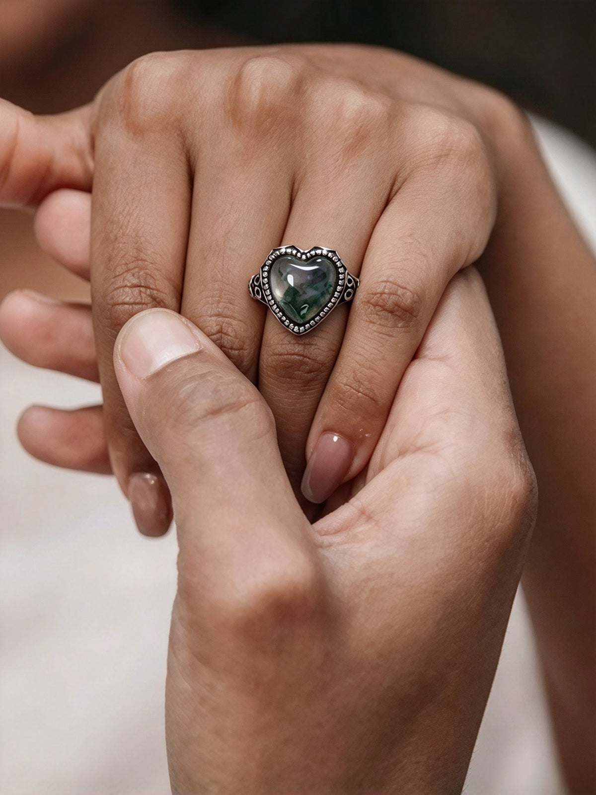 Natural Moss Agate Heart Open Adjustable Ring, Vintage S925 Moss Agate Ring for Women