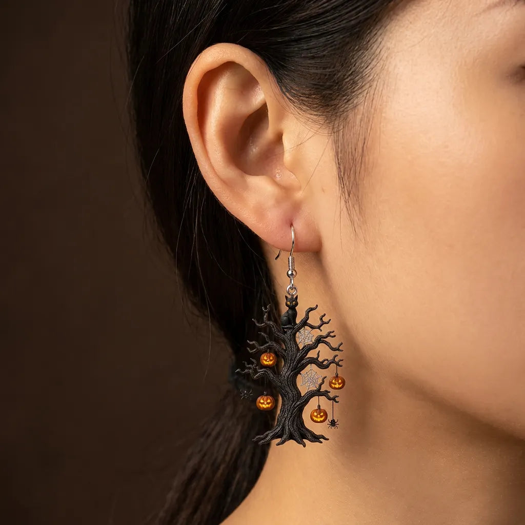 Spooky Tree Black Cat Pumpkin Halloween Earrings