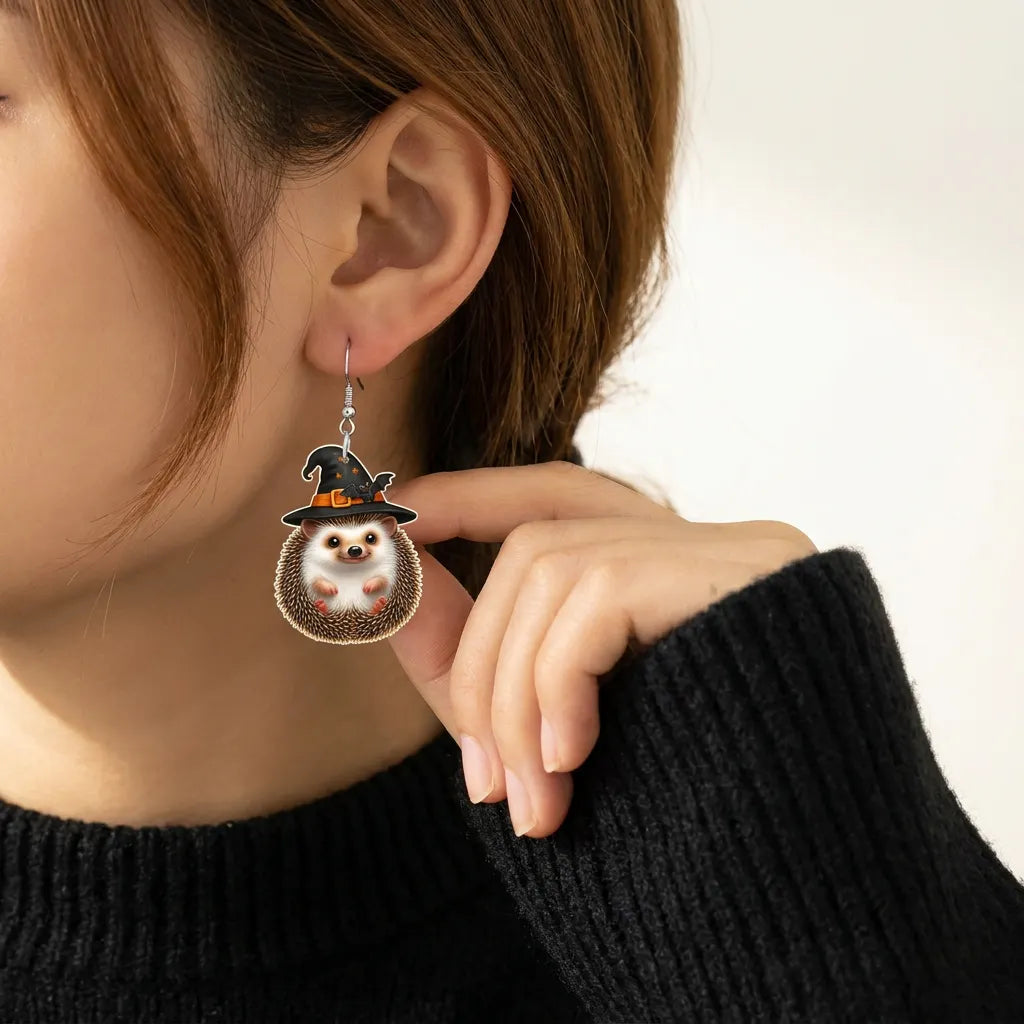 Cute Hedgehog Witch Hat Bat Halloween Acrylic Earrings