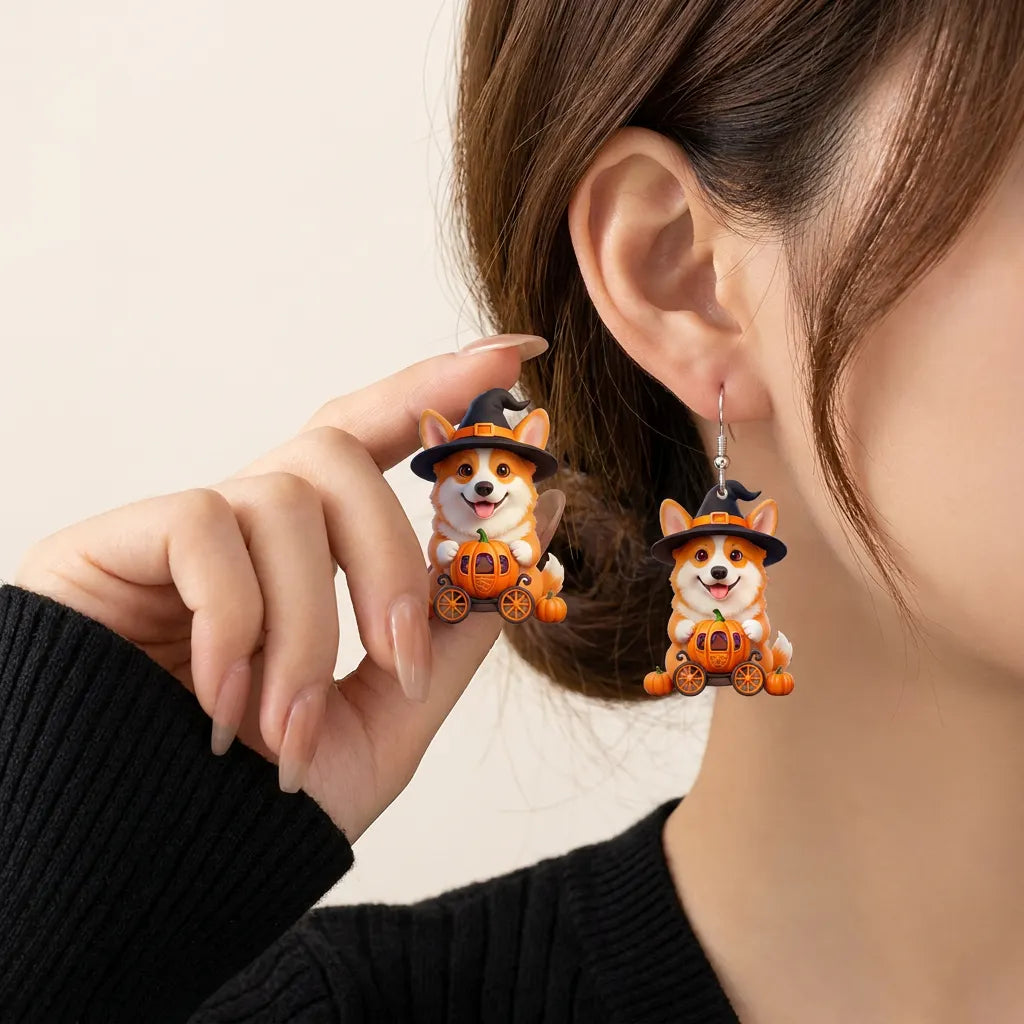 Corgi Puppy Witch Hat Pumpkin Carriage Halloween Earrings