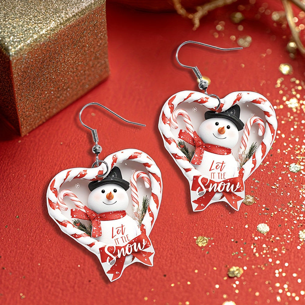 Christmas Large Heart-Shaped Snowman & Candy Cane Dangle Earrings