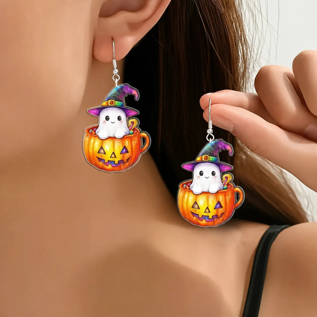 Ghost In Pumpkin Cup Dangle Earrings