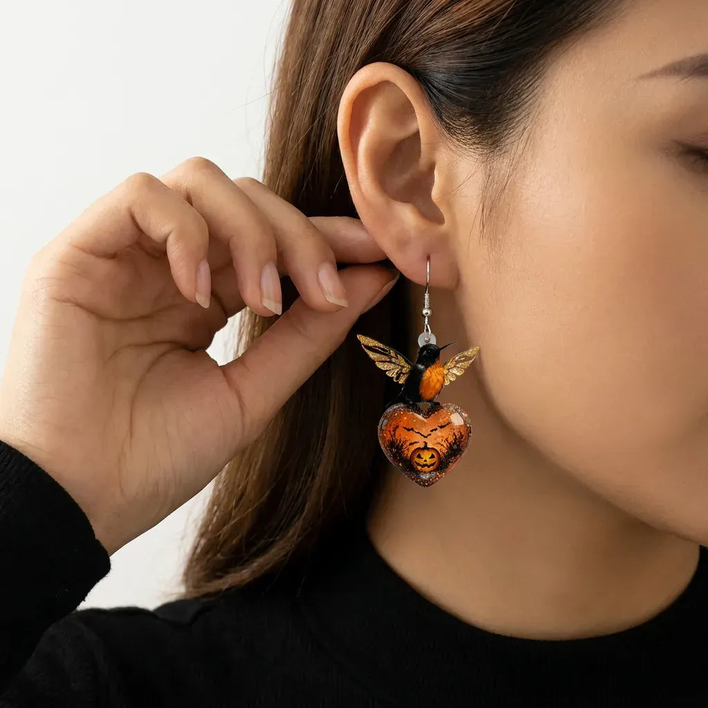 Halloween Hummingbird Heart Dangle Earrings