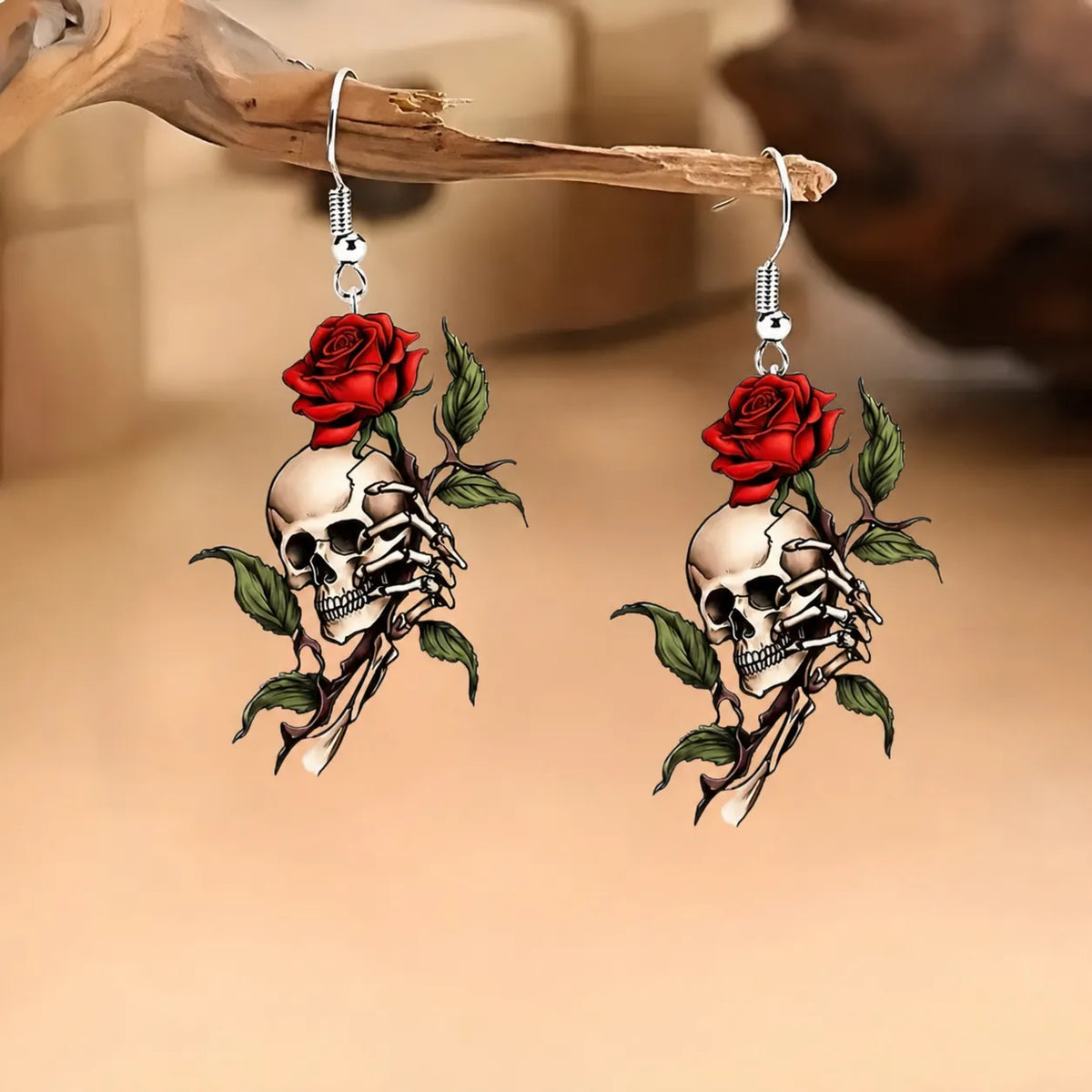 Gothic Skull Red Rose Dangle Earrings