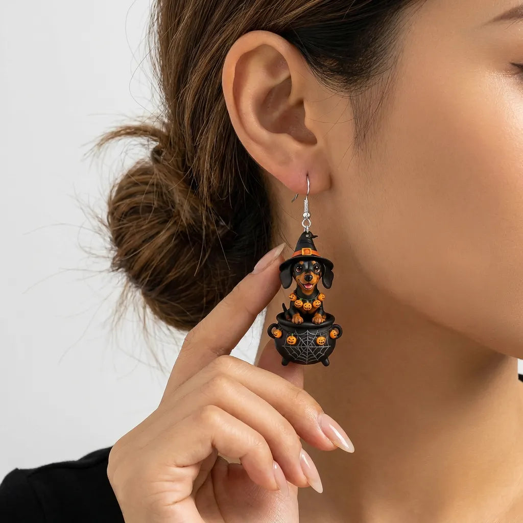 Dachshund In Spider Web Cauldron Witch Pumpkin Garland Halloween Earrings