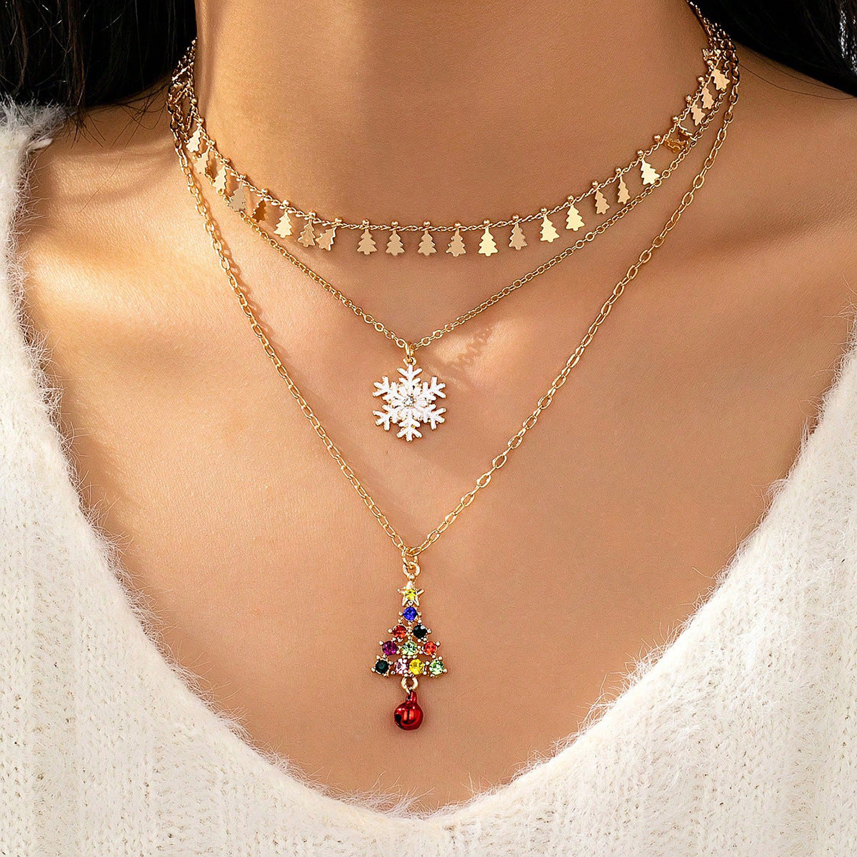 Christmas Zircon Layered Necklace, Christmas Tree Necklace