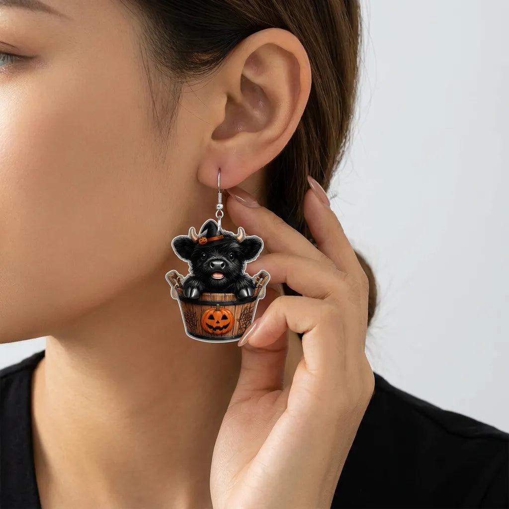 Black Highland Cow Wooden Bucket Pumpkin Witch Earrings