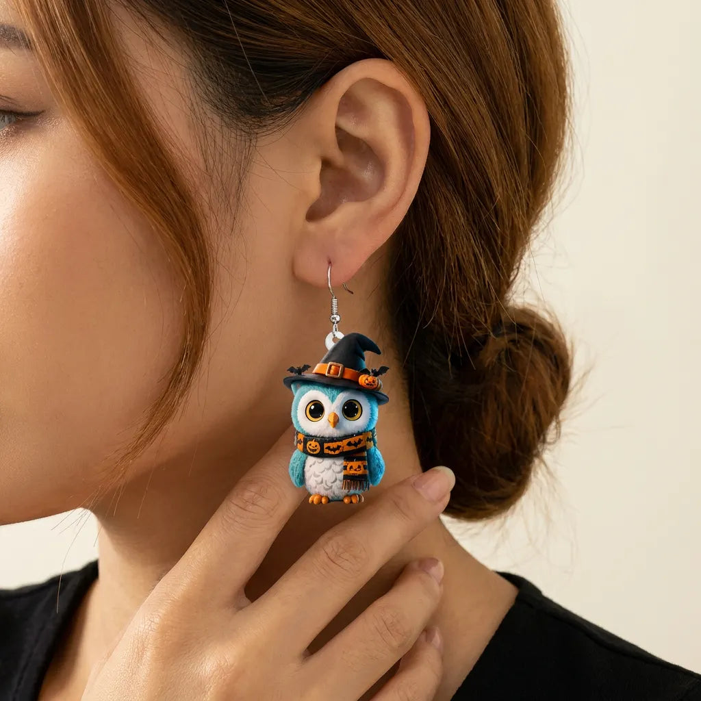 Kawaii Owl Witch Hat Halloween Earrings