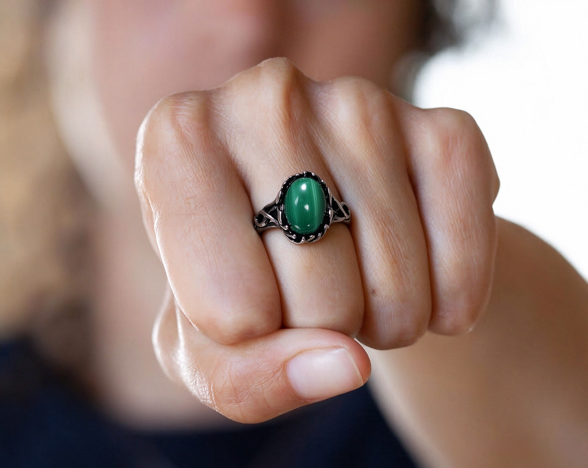 Vintage Twisted Band Malachite Healing Ring, S925 Adjustable Open Ring