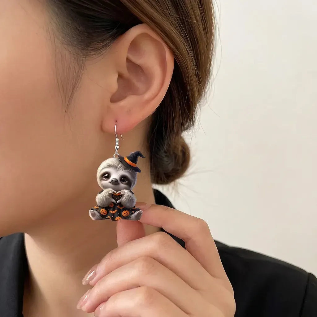 Sloth In Pumpkin Bat Print Witch Dress Halloween Drop Earrings