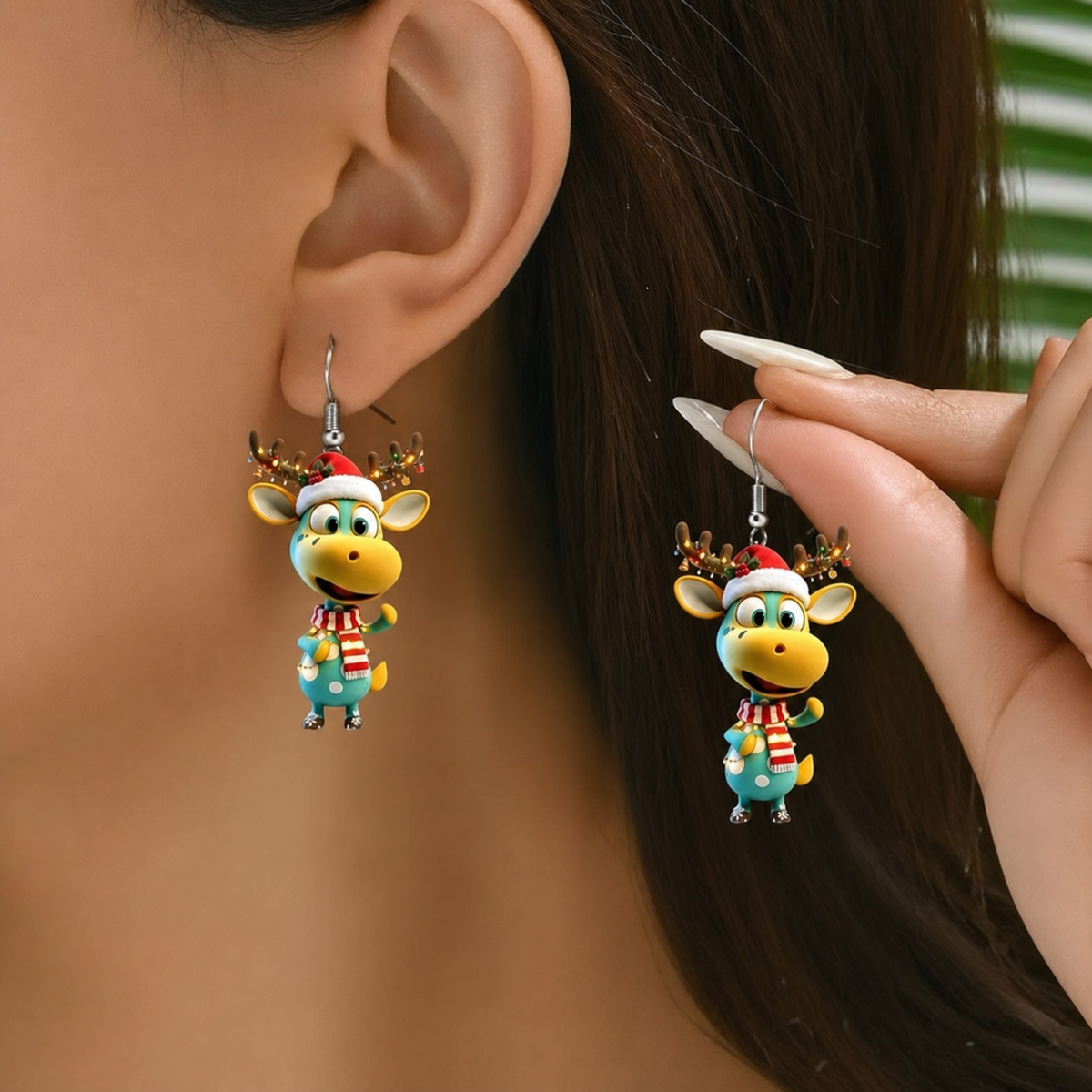 Cartoon Colorful Christmas Reindeer Dangle Earrings