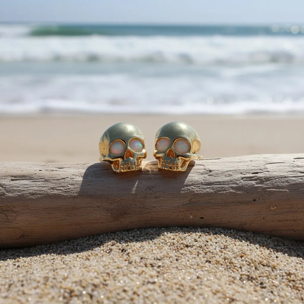 Vintage Gold Opal Eye Skull Stud Earrings