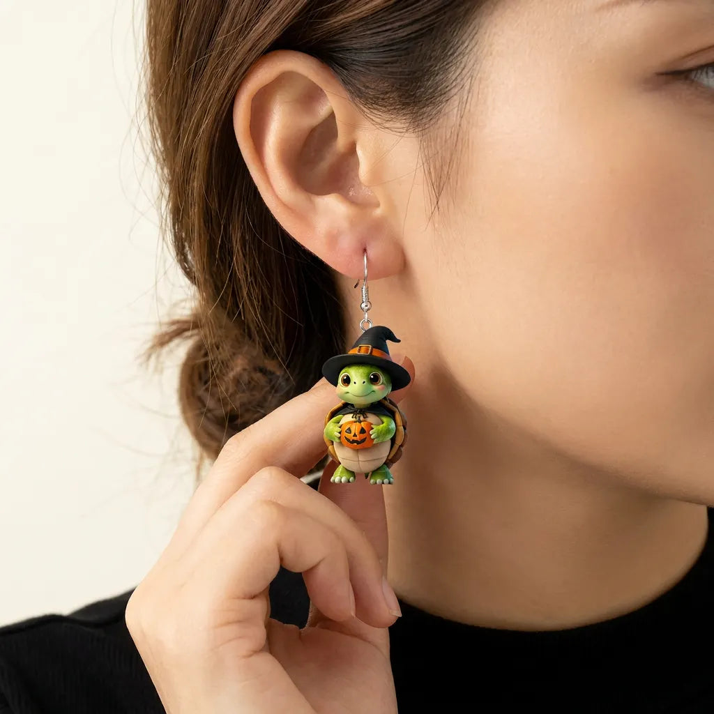 Cartoon Turtle Witch Cloak Holding Jack O Lantern Halloween Earrings