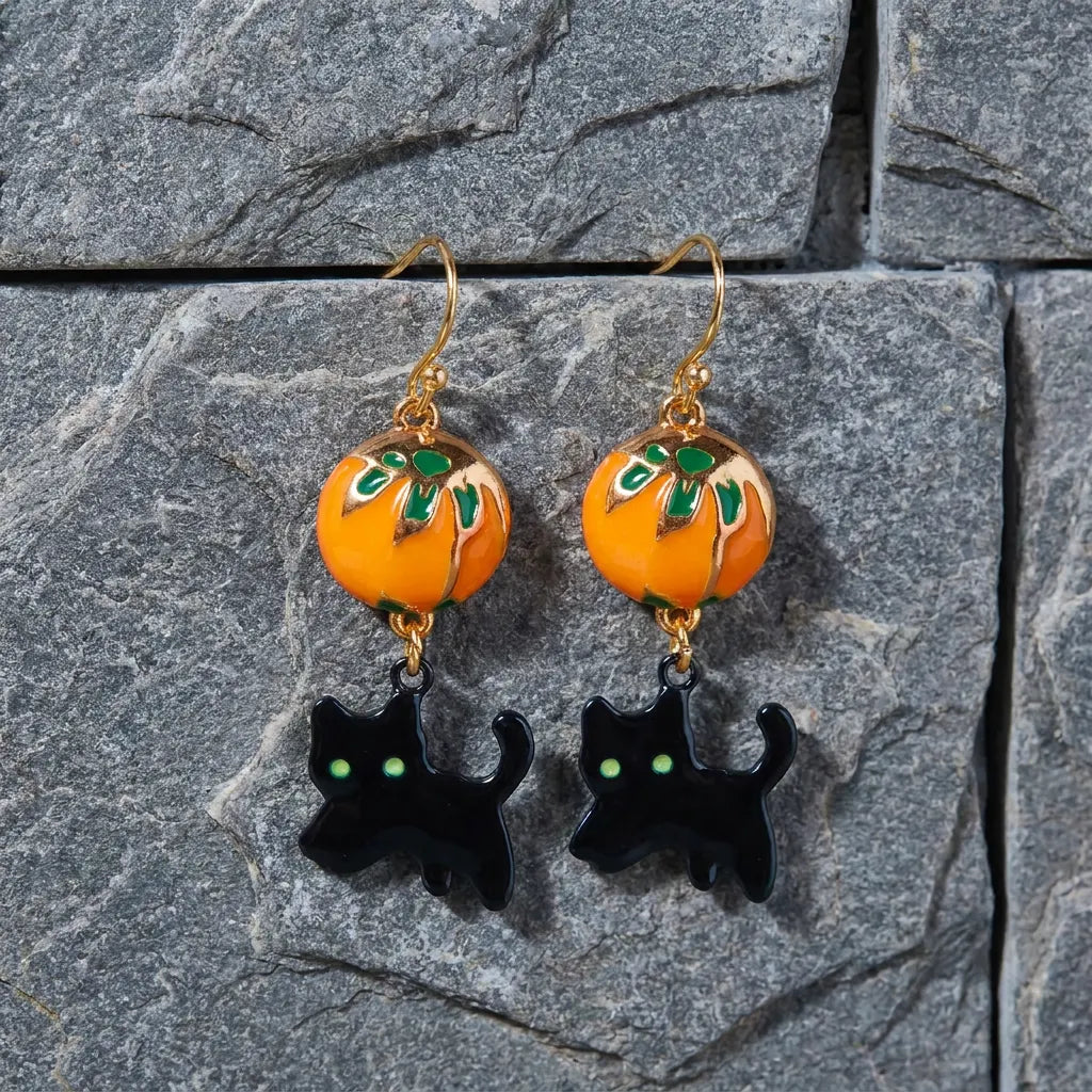 Vintage Pumpkin Black Cat Hook Drop Earrings