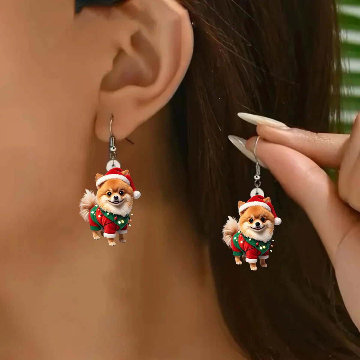 Charming Christmas Pomeranian Pattern Earrings