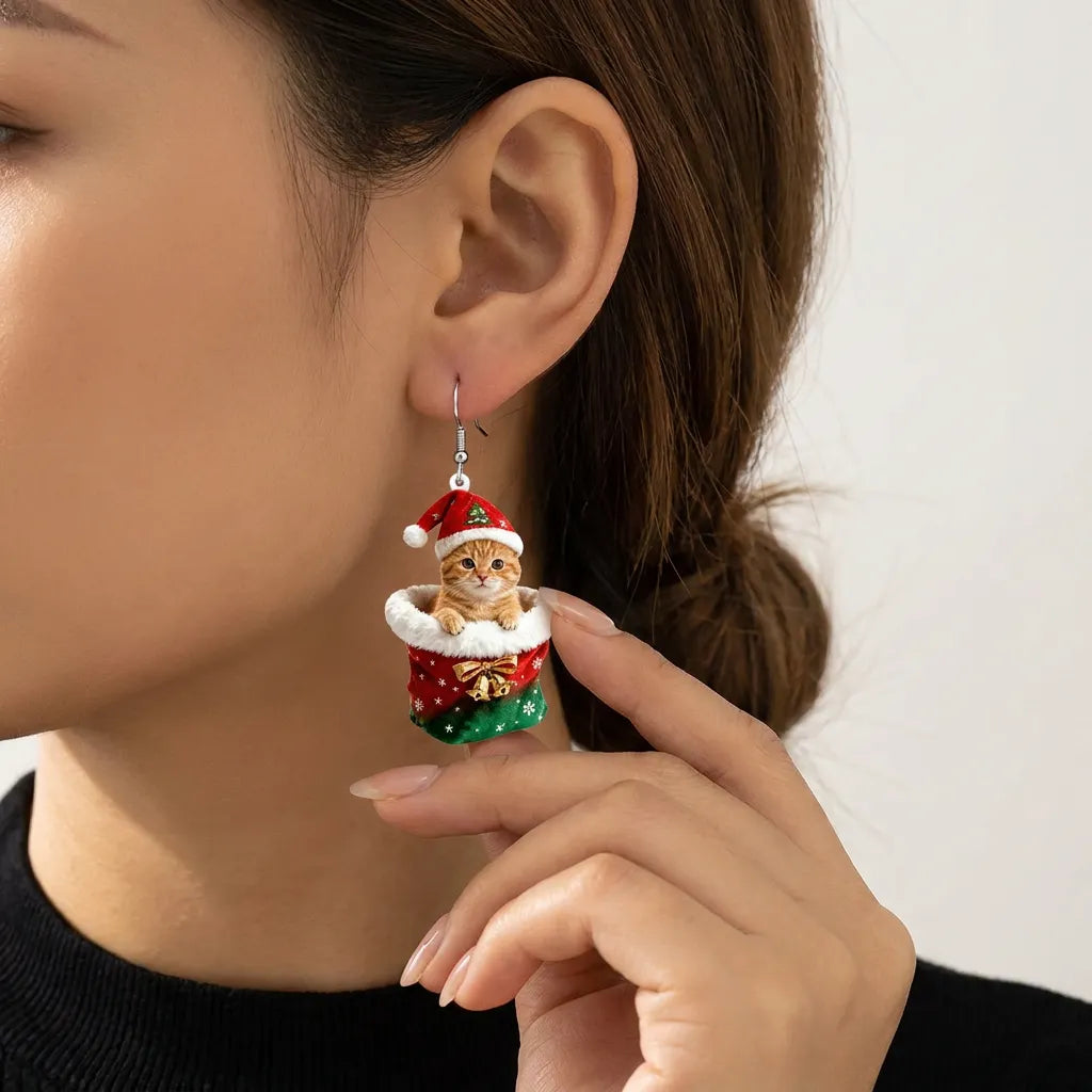 Christmas Stocking Cat Dangle Earrings