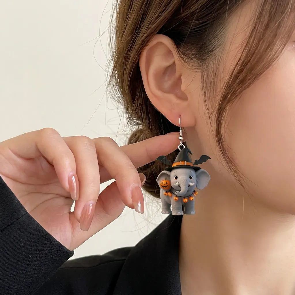 Cute Elephant Witch Hat Bat Pumpkin String Lights Halloween Acrylic Earrings