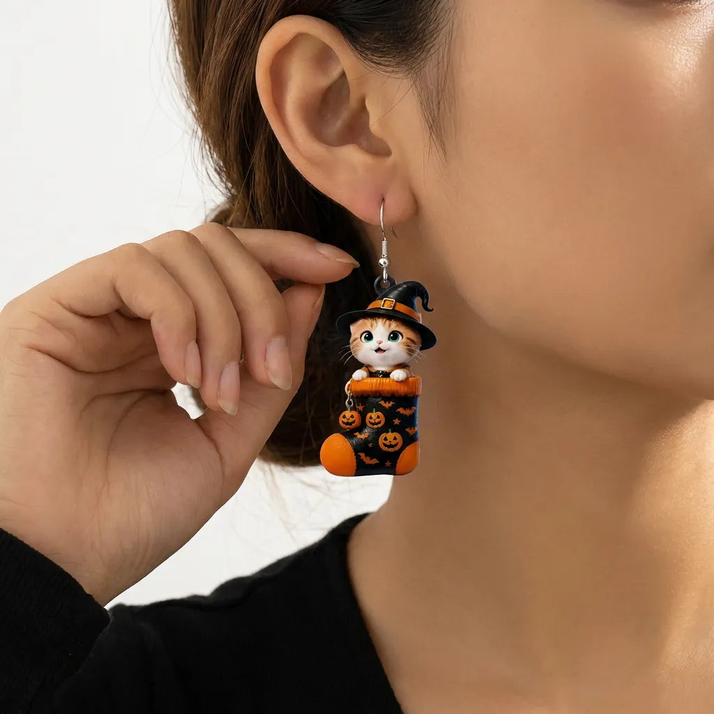 Ginger Cat In Halloween Sock Witch Hat Pumpkin Bat Pattern Earrings