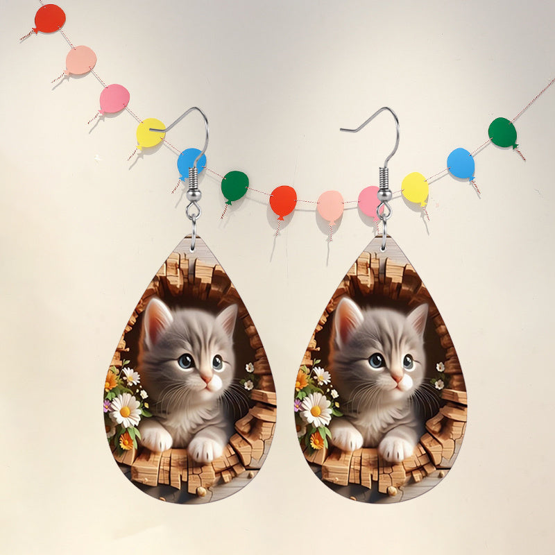 Charming Double-Sided Kitten & Flower Teardrop Earrings