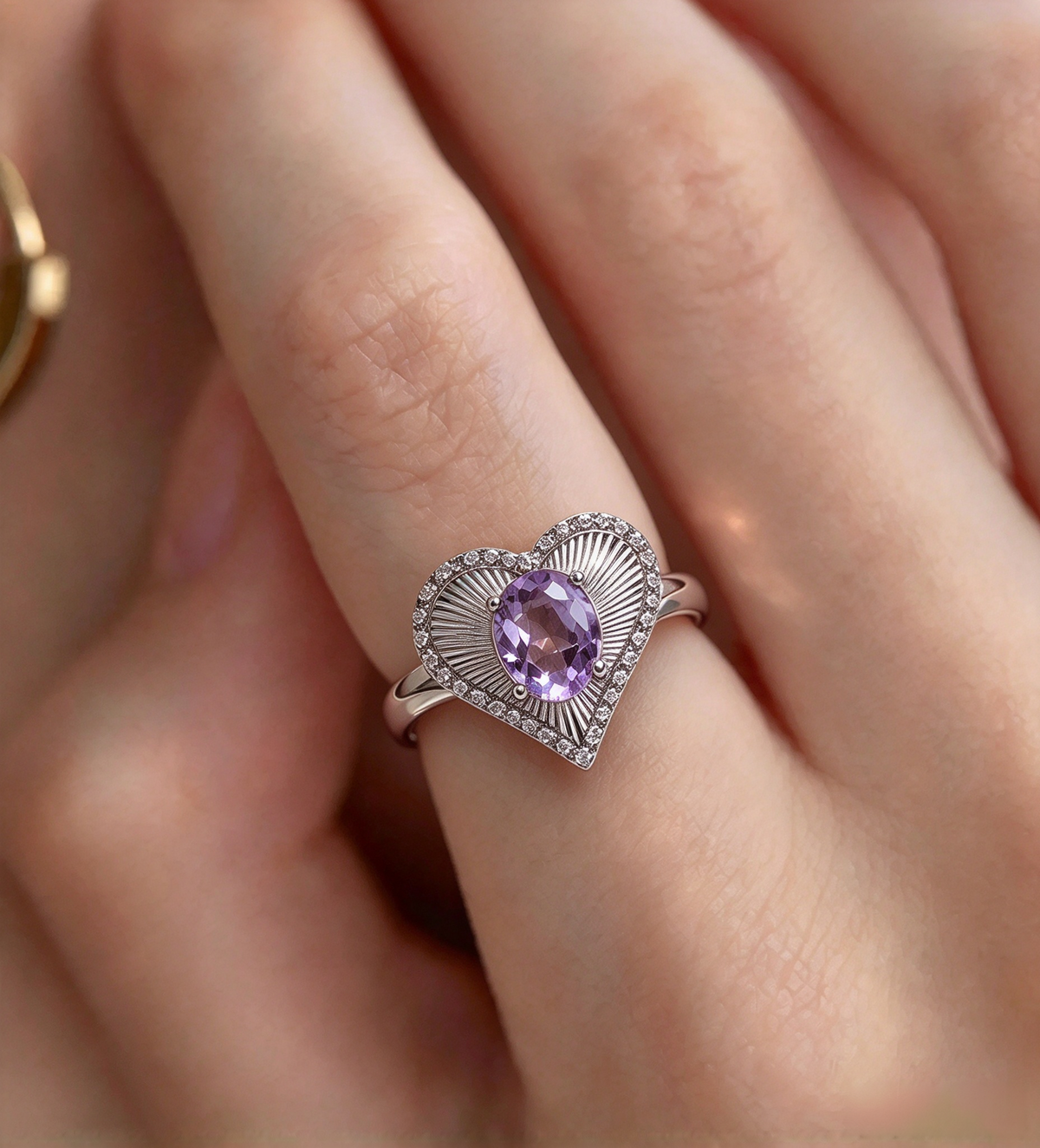 Heart Shape Amethyst Ring, S925 Adjustable Ring