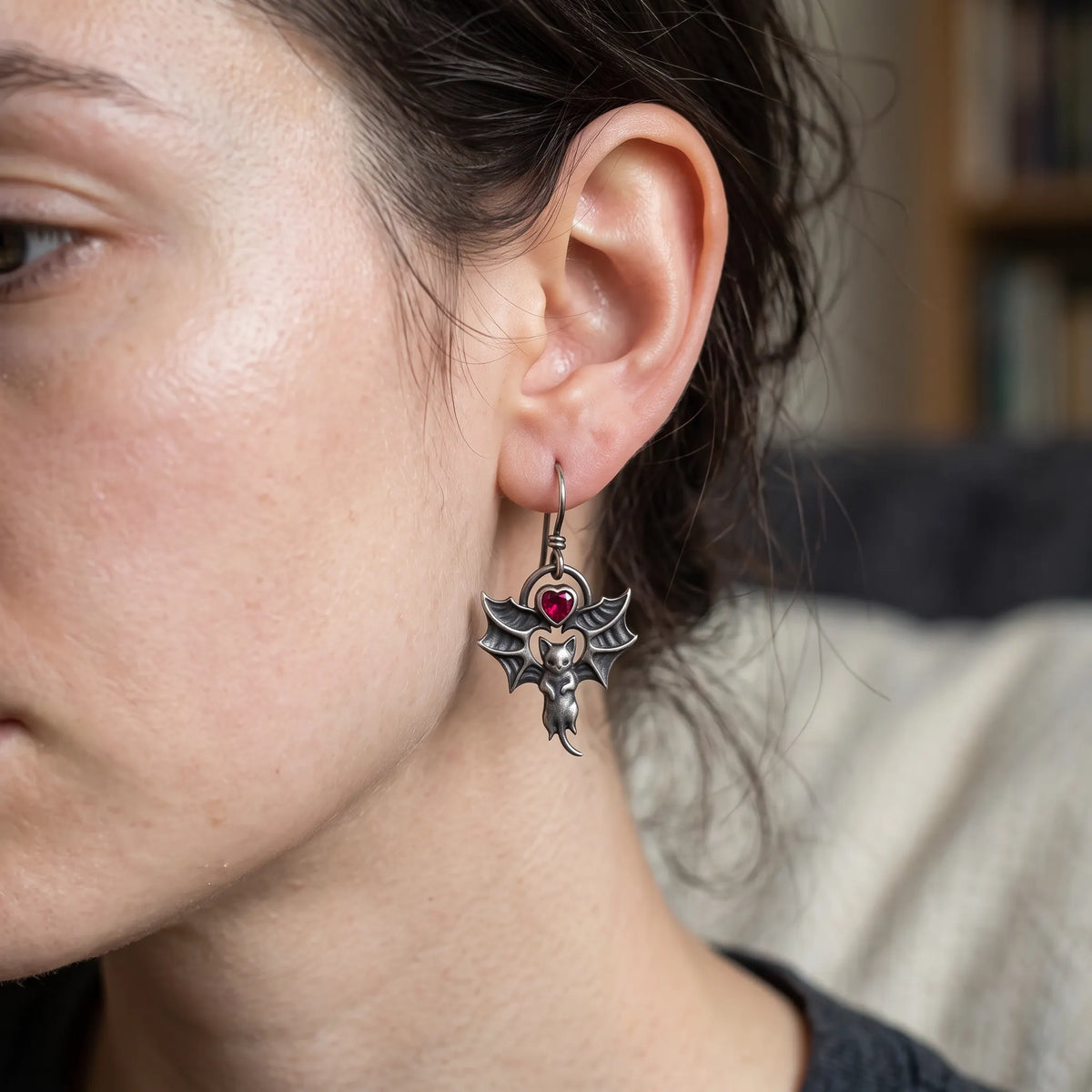 Vintage Bat Wing Cat Heart Red Gem Drop Earrings
