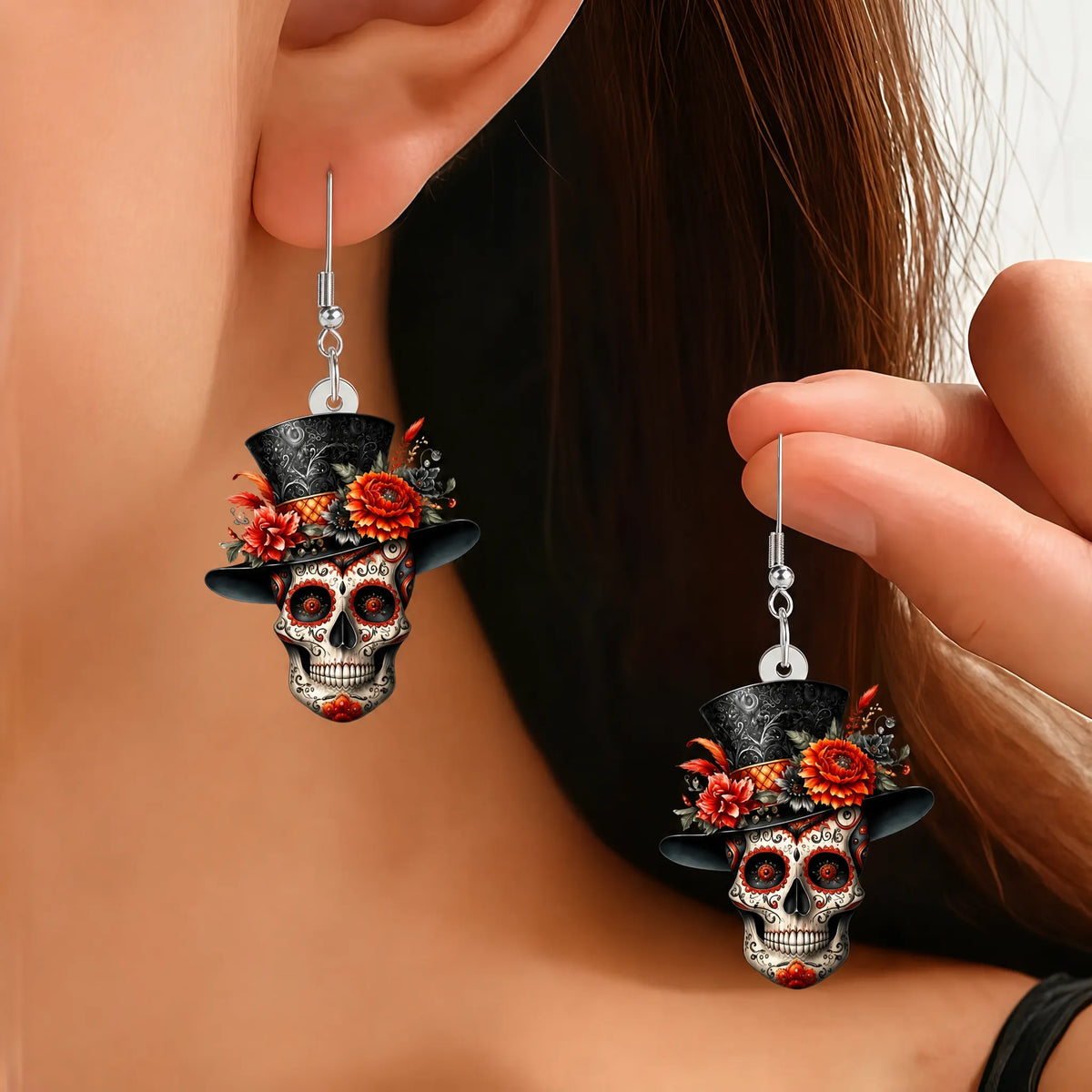 Sugar Skull Floral Dangle Earrings