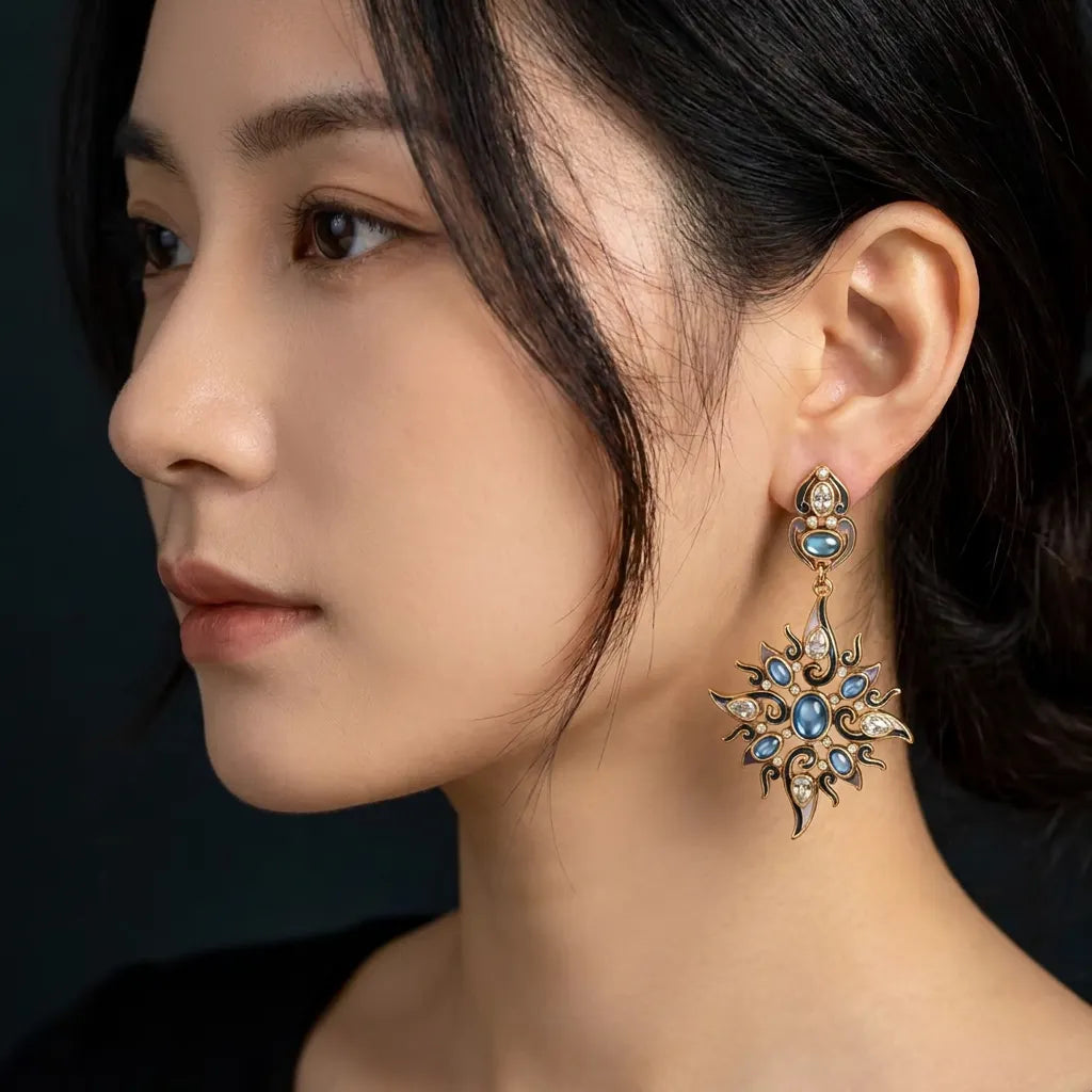 Vintage Asymmetric Sun Moon Celestial Dangle Earrings